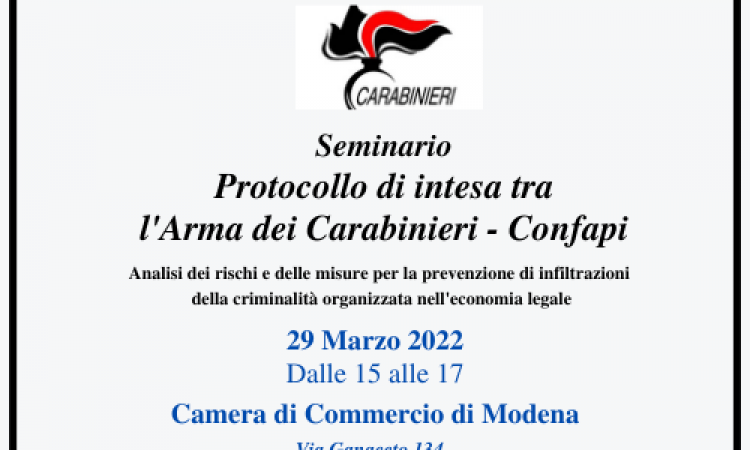 Invito seminario "PROTOCOLLO DI INTESA TRA L'ARMA DEI CARABINIERI - CONFAPI" - Martedì 29 Marzo ore 15.00