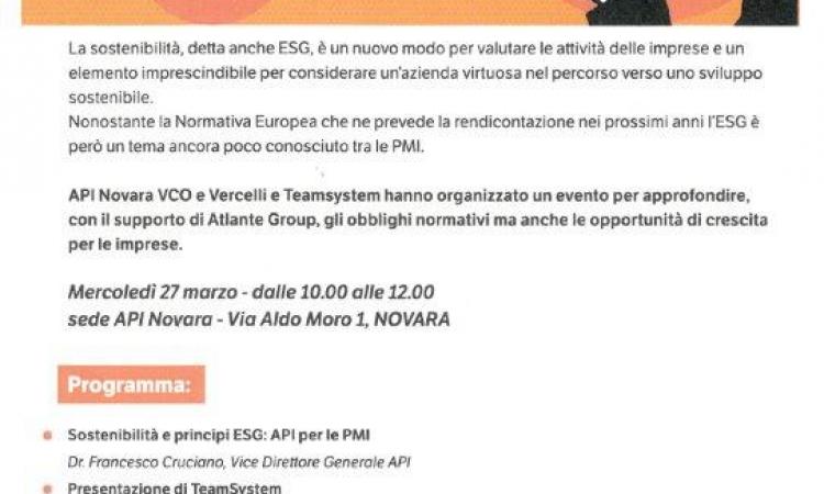 "L'ESG NELLE PMI: OBBLIGHI NORMATIVI E OPPORTUNITÀ DI CRESCITA". CONVEGNO GRATUITO 27 MARZO 2024 ORE 10.00 PRESSO API NOVARA - VIA ALDO MORO 1