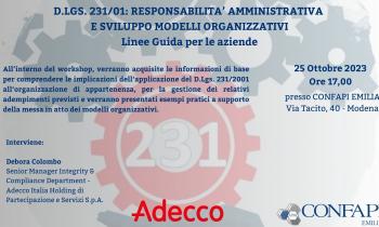 Invito incontro "D.LGS. 231/01: RESPONSABILITA' AMMINISTRATIVA E SVILUPPO MODELLI ORGANIZZATIVI" - Mercoledì 25/10/2023 ore 17,00